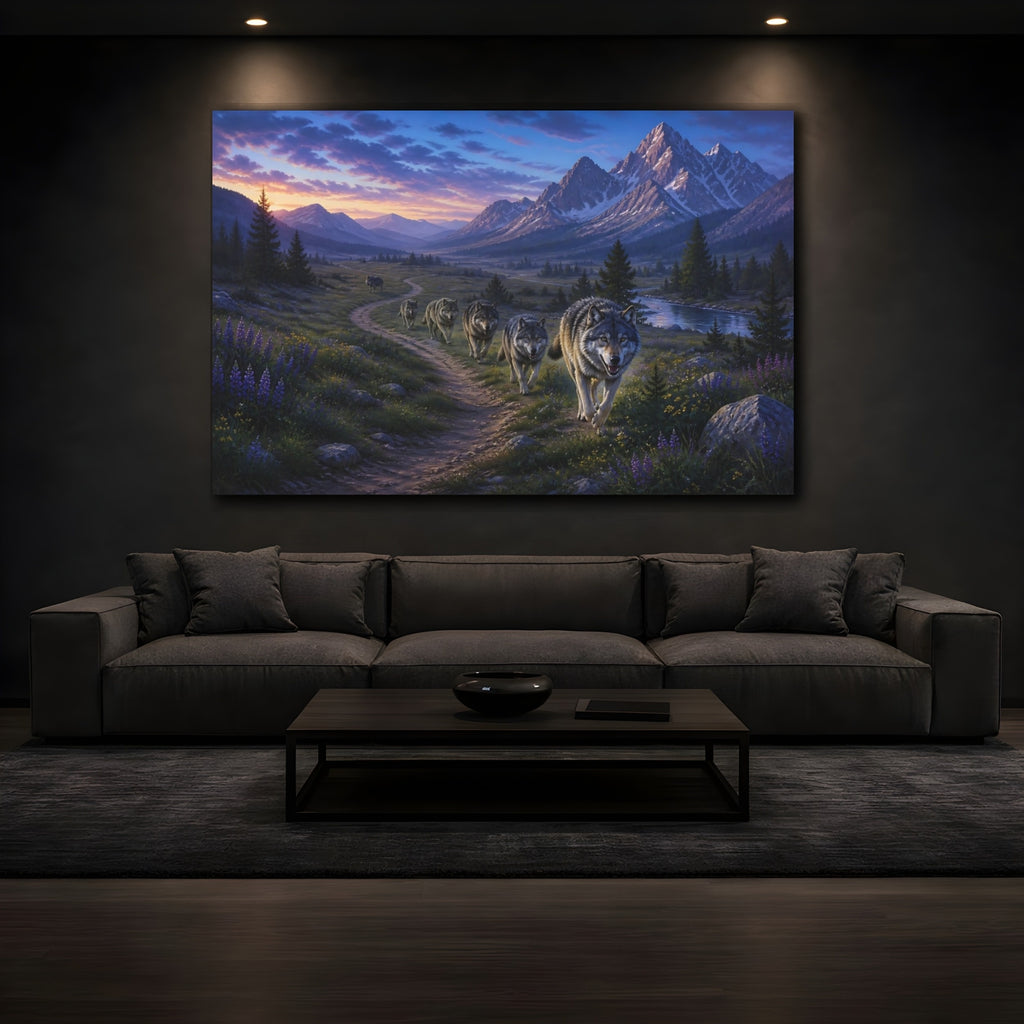 Mockup 3. Animals Wolf Pack Mountain Wolf Pack shown as stretched canvas wall art
