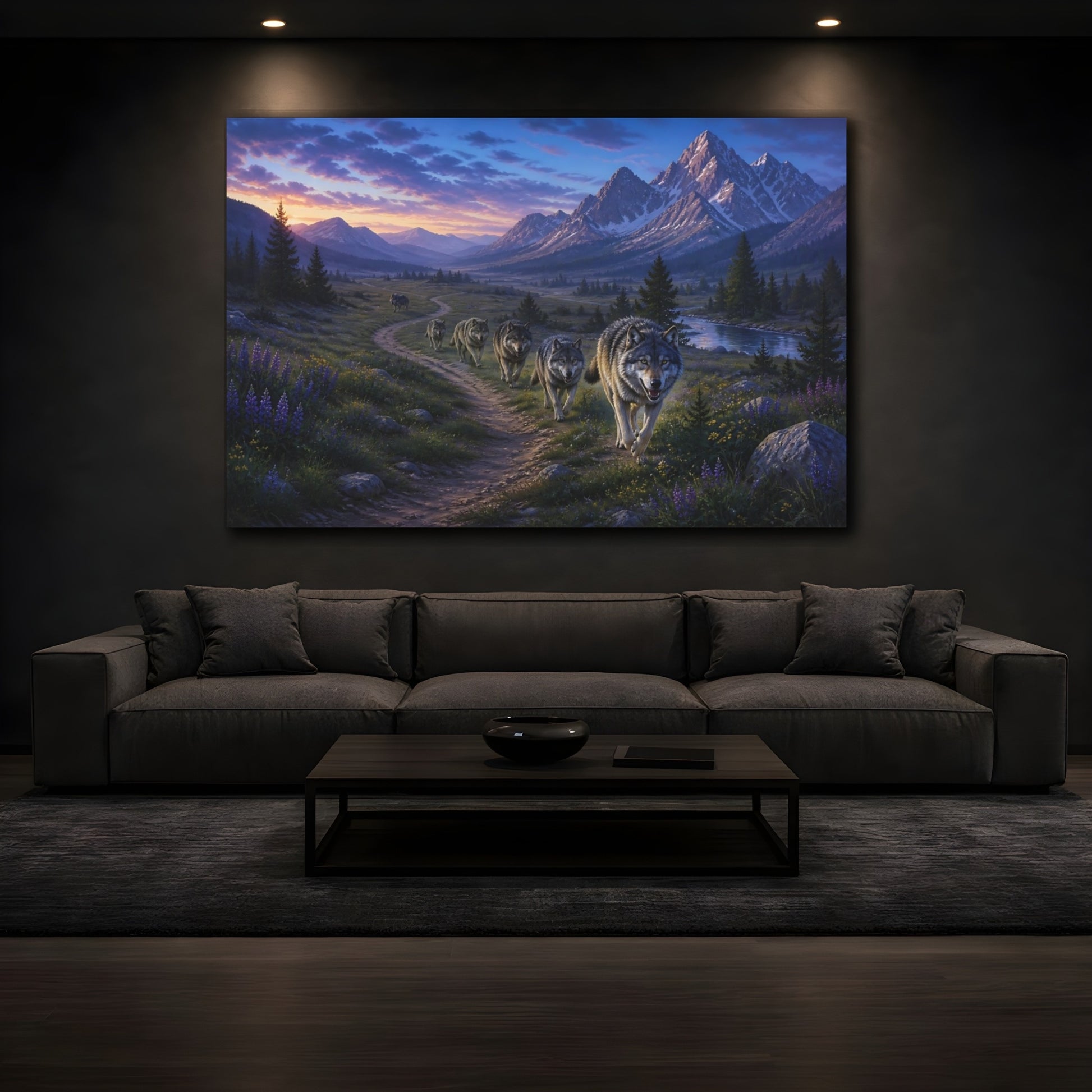 Mockup 3. Animals Wolf Pack Mountain Wolf Pack shown as stretched canvas wall art