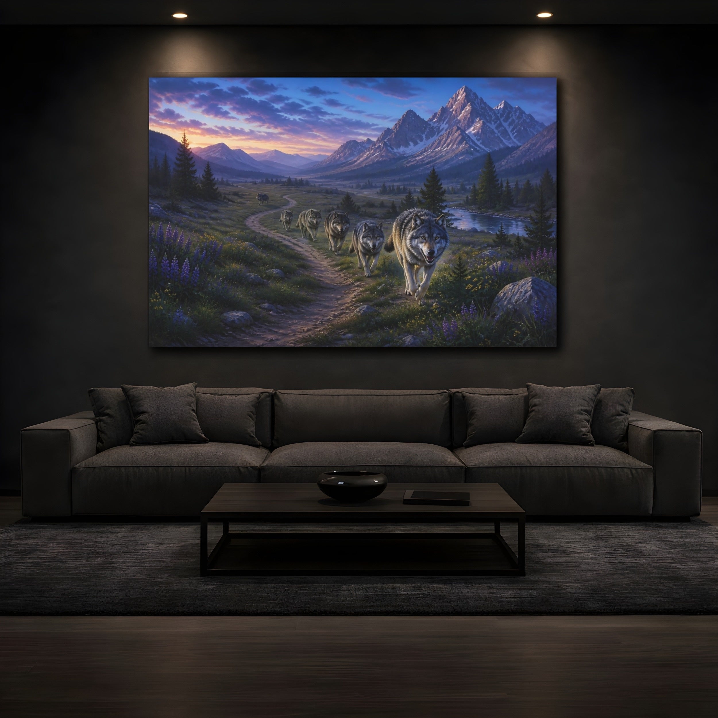 Mockup 3. Animals Wolf Pack Mountain Wolf Pack shown as stretched canvas wall art