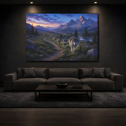 Mockup 3. Animals Wolf Pack Mountain Wolf Pack shown as stretched canvas wall art