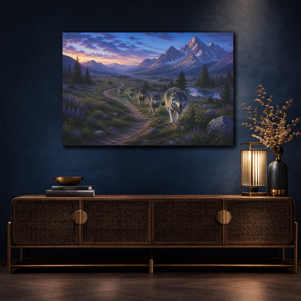 Mockup 4. Animals Wolf Pack Mountain Wolf Pack shown as stretched canvas wall art