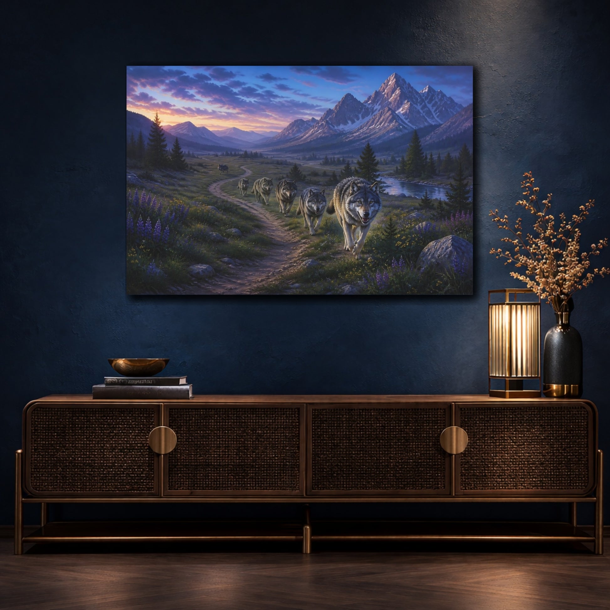 Mockup 4. Animals Wolf Pack Mountain Wolf Pack shown as stretched canvas wall art