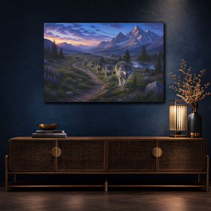 Mockup 4. Animals Wolf Pack Mountain Wolf Pack shown as stretched canvas wall art