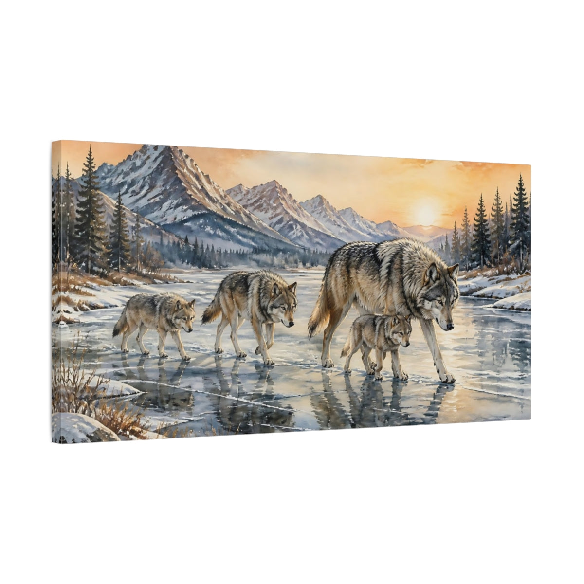 Side Mockup 1. Animals Wolf Pack On Frozen River shown as canvas print