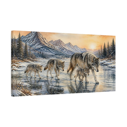 Side Mockup 1. Animals Wolf Pack On Frozen River shown as canvas print