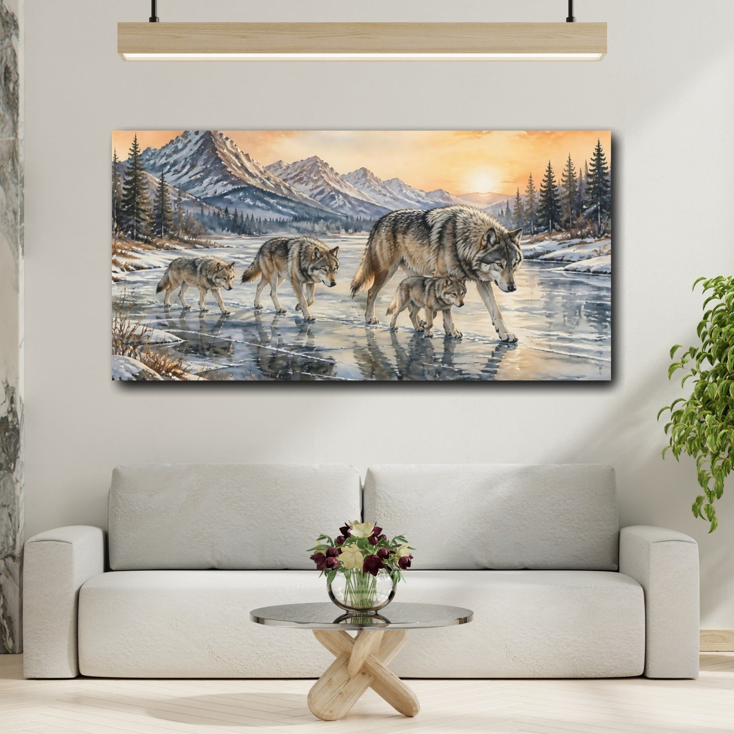 Mockup 2. Animals Wolf Pack On Frozen River shown as canvas print
