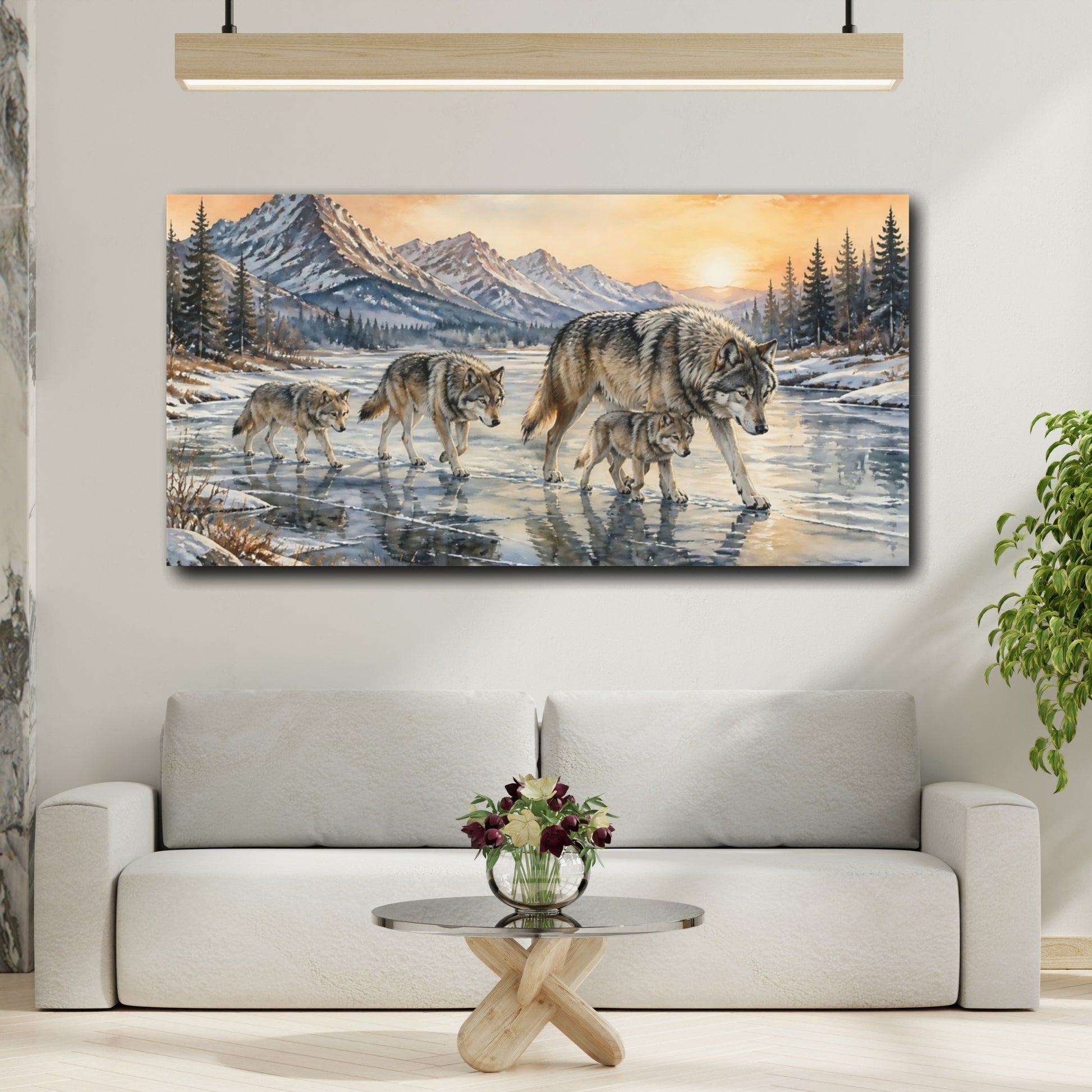 Mockup 2. Animals Wolf Pack On Frozen River shown as canvas print