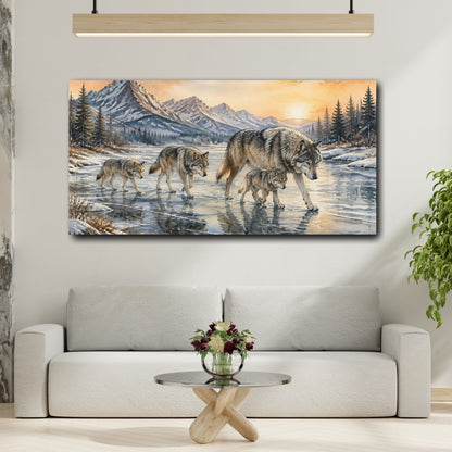 Mockup 2. Animals Wolf Pack On Frozen River shown as canvas print