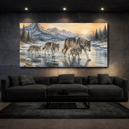 Mockup 3. Animals Wolf Pack On Frozen River shown as canvas print