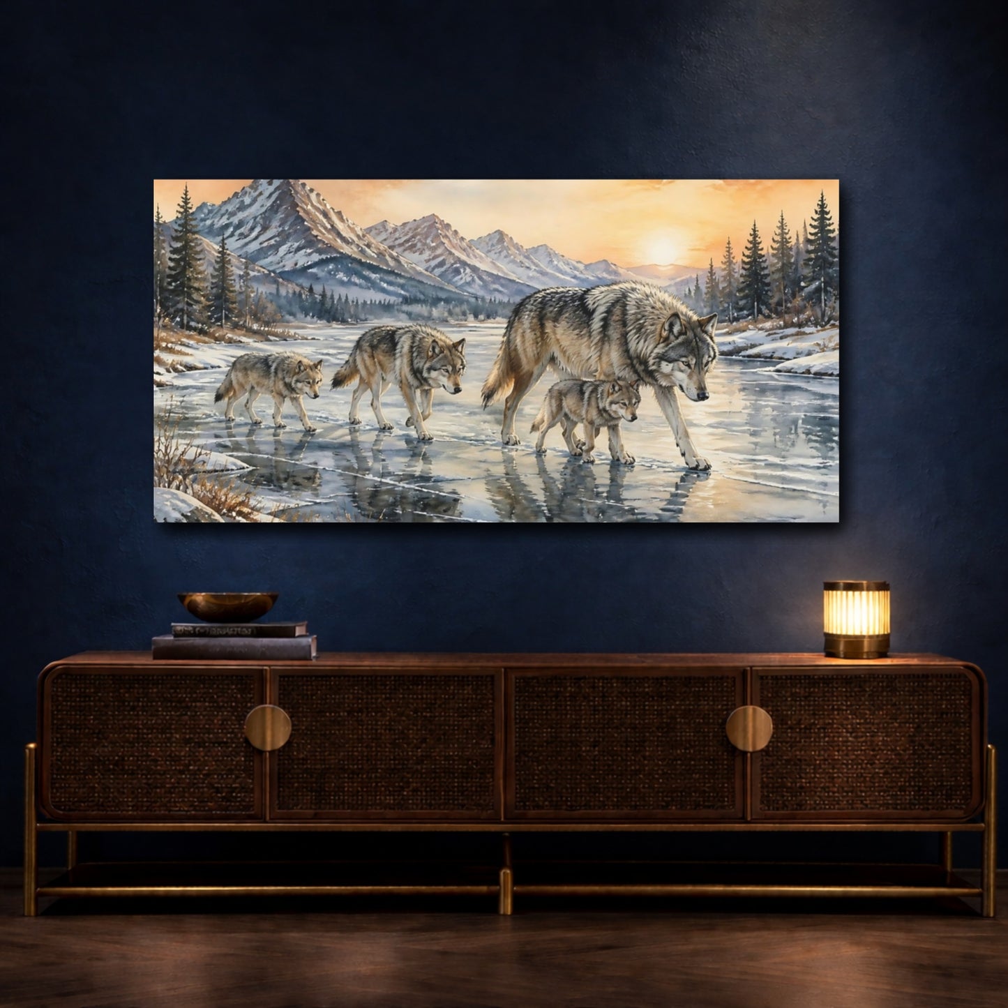 Mockup 4. Animals Wolf Pack On Frozen River shown as canvas print