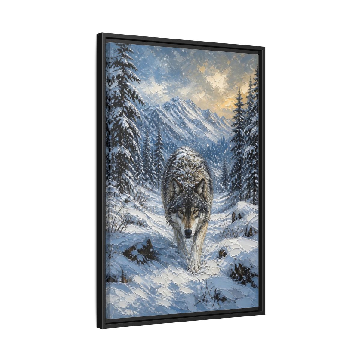 Side Mockup 14. Animals Wolf Winter Wolf shown as stretched canvas wall art