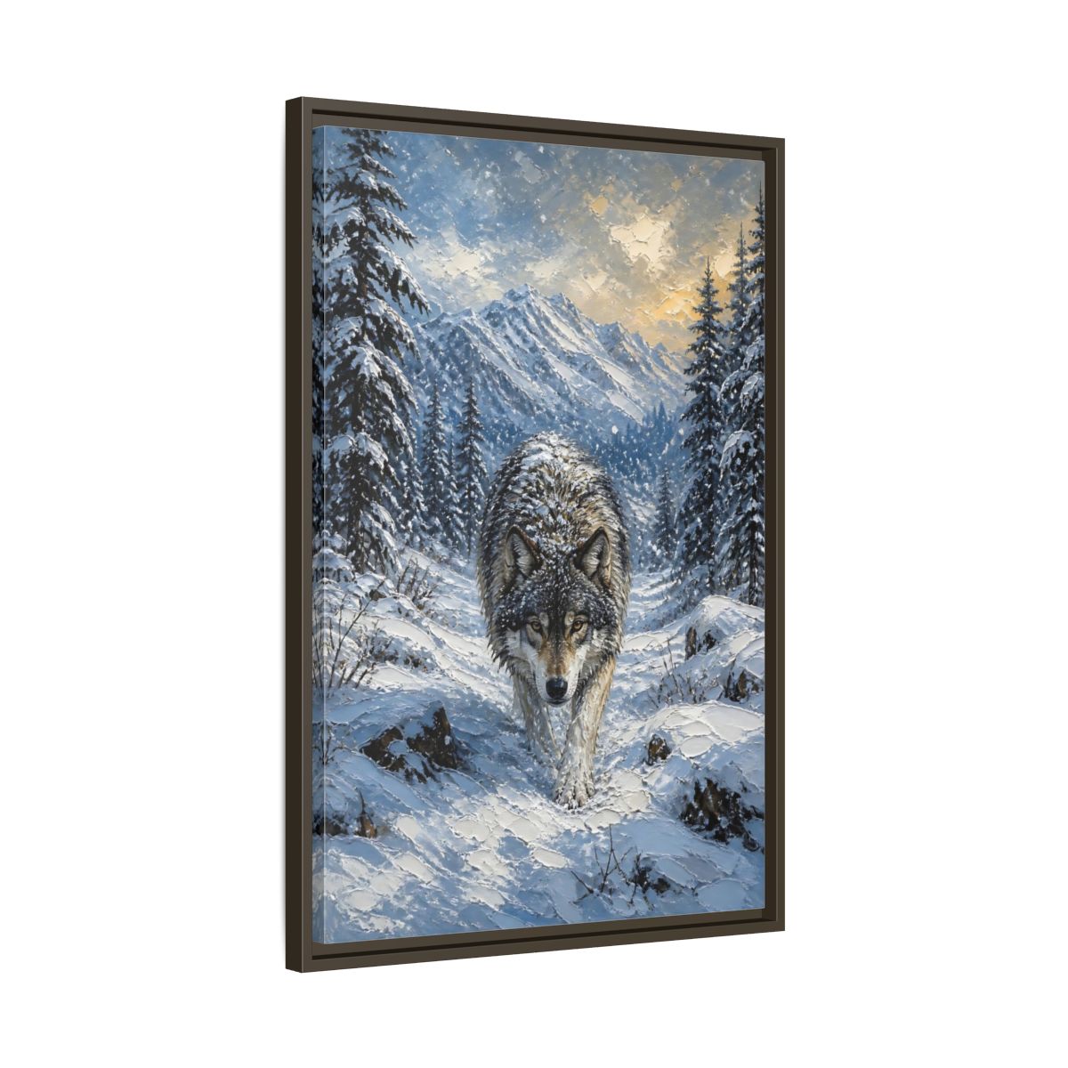 Side Mockup 11. Animals Wolf Winter Wolf shown as stretched canvas wall art
