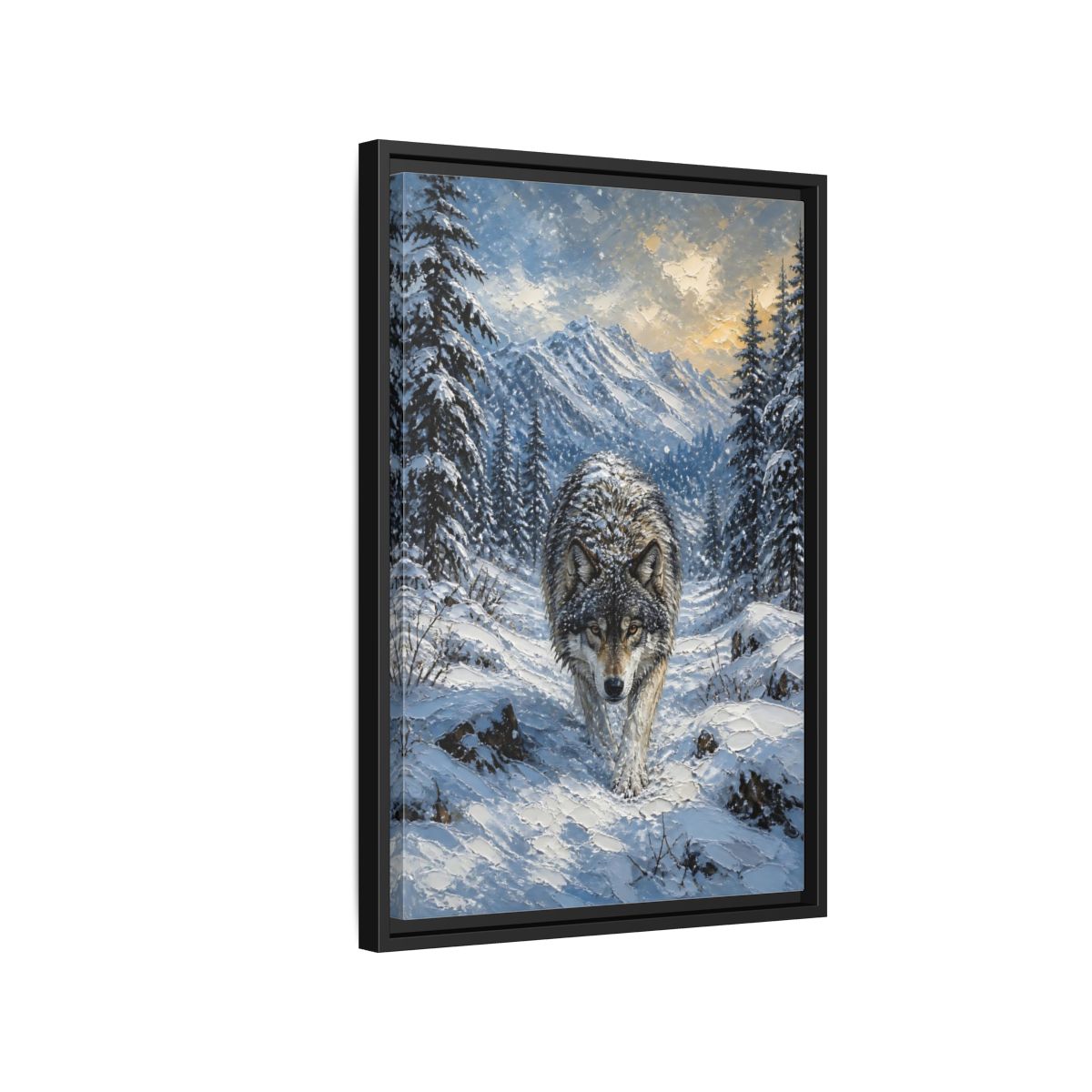 Side Mockup 3. Animals Wolf Winter Wolf shown as stretched canvas wall art