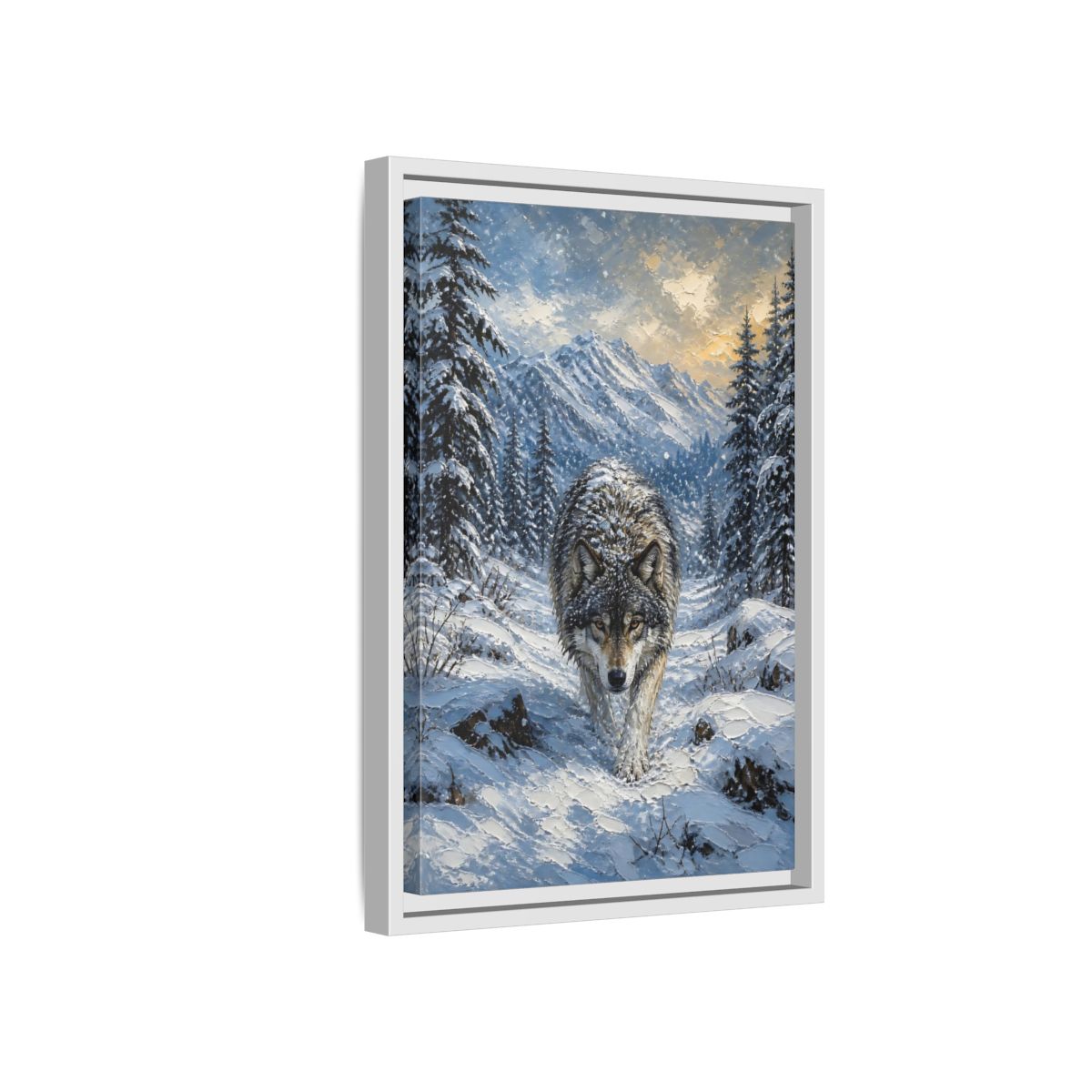 Side Mockup 4. Animals Wolf Winter Wolf shown as stretched canvas wall art