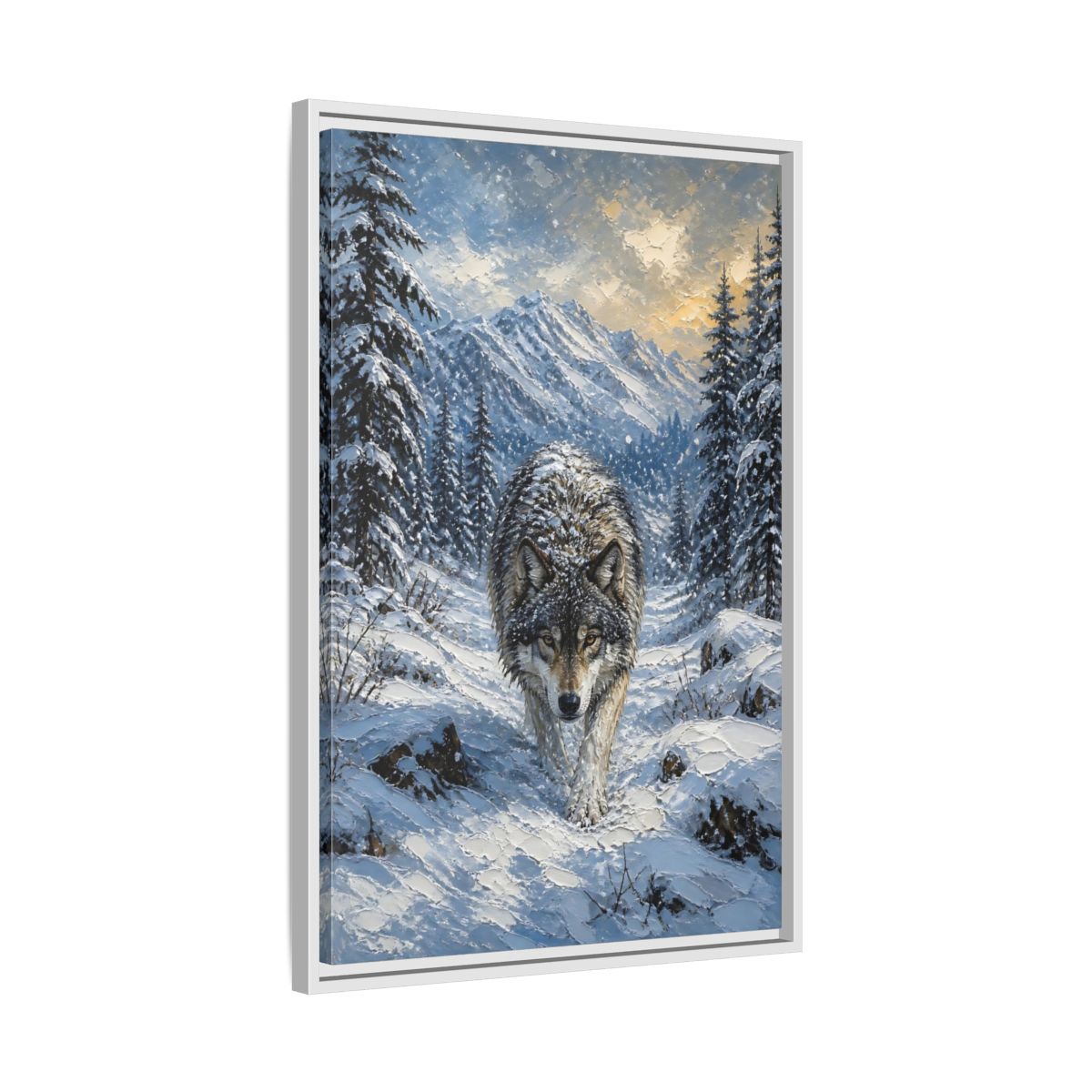 Side Mockup 10. Animals Wolf Winter Wolf shown as stretched canvas wall art