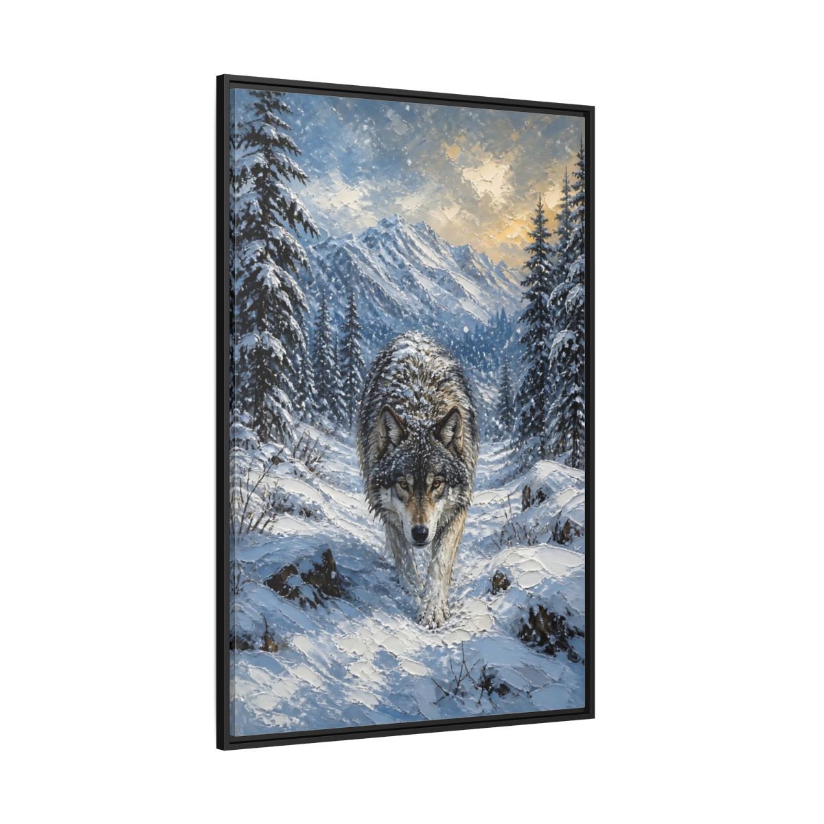 Side Mockup 12. Animals Wolf Winter Wolf shown as stretched canvas wall art