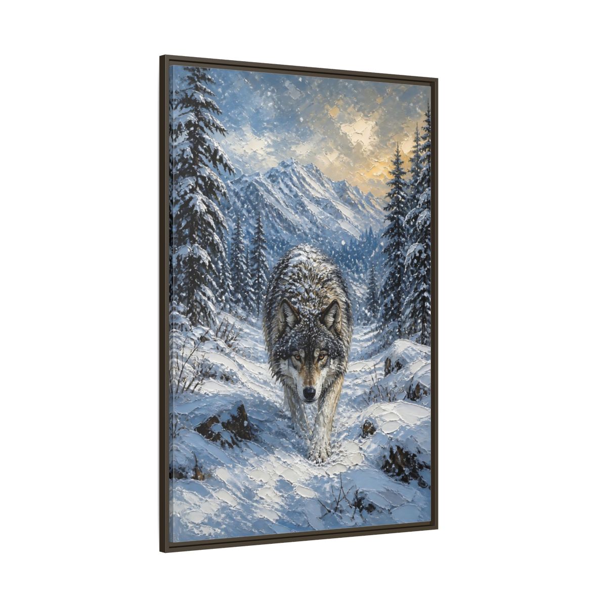 Side Mockup 8. Animals Wolf Winter Wolf shown as stretched canvas wall art