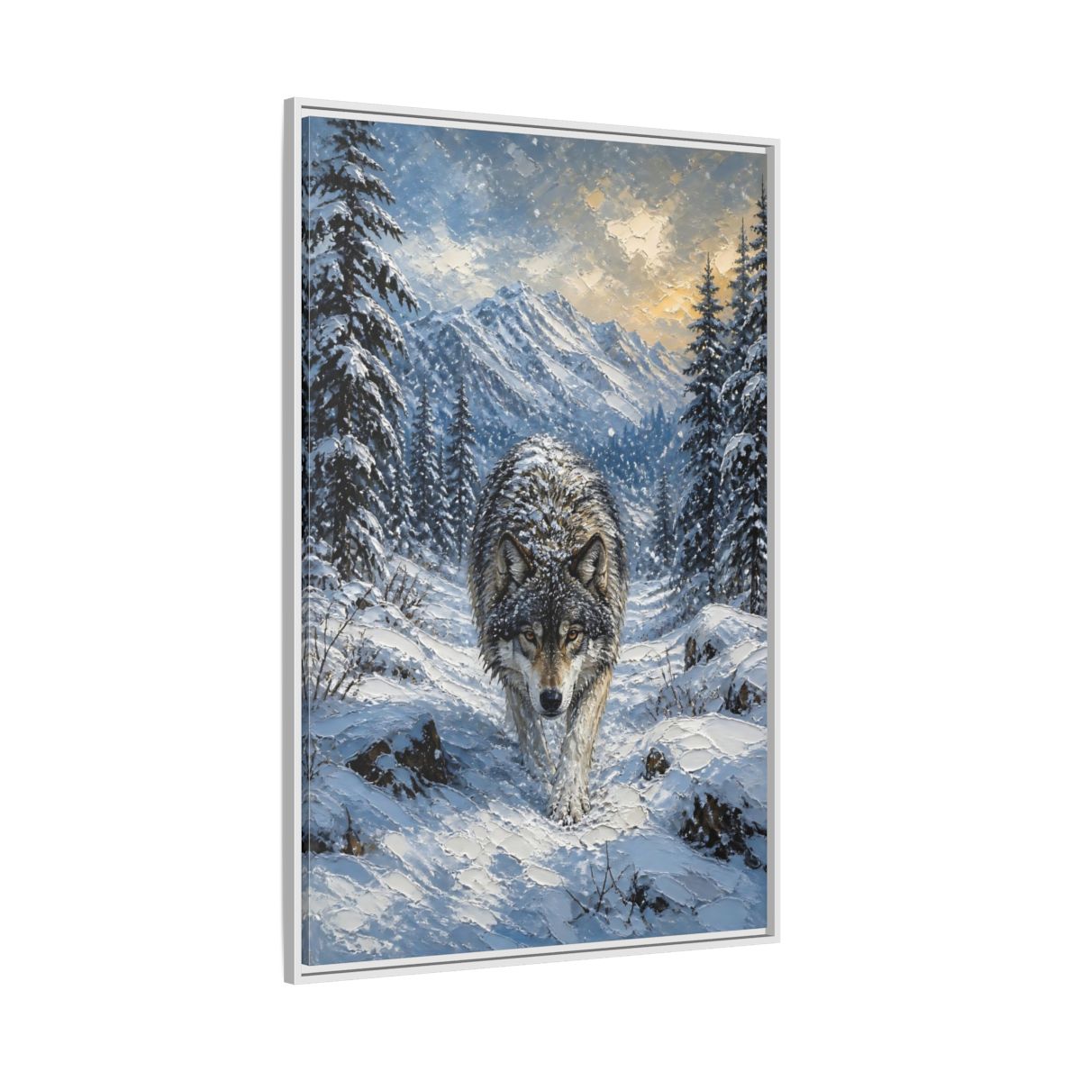 Side Mockup 7. Animals Wolf Winter Wolf shown as stretched canvas wall art