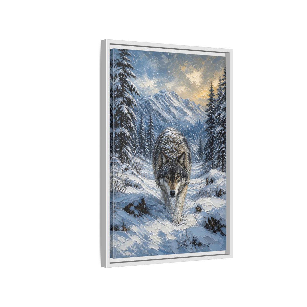 Side Mockup 1. Animals Wolf Winter Wolf shown as stretched canvas wall art