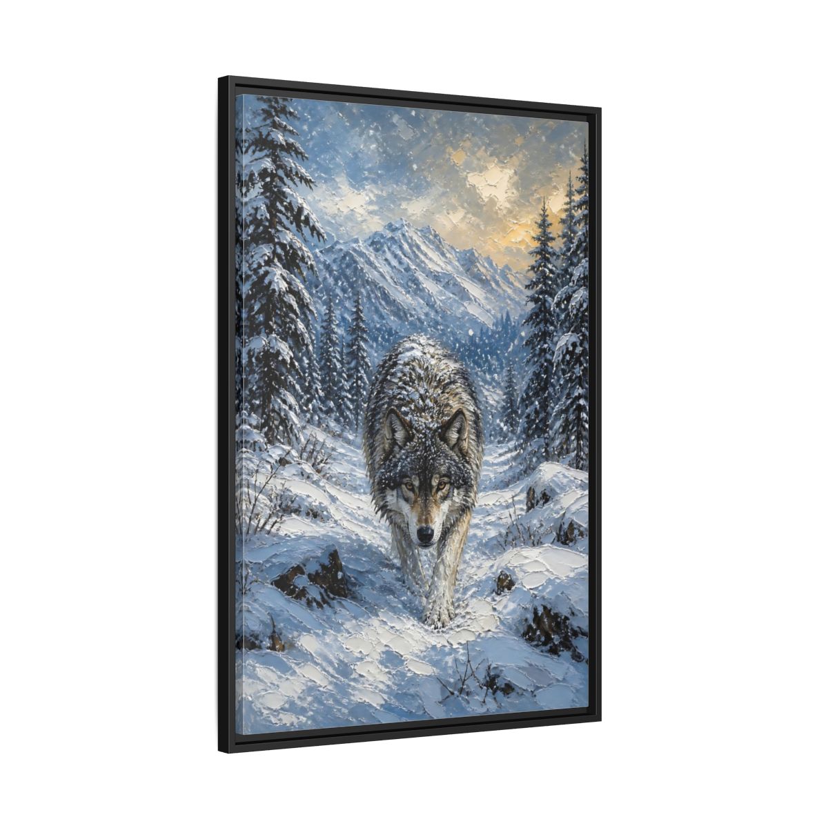 Side Mockup 13. Animals Wolf Winter Wolf shown as stretched canvas wall art