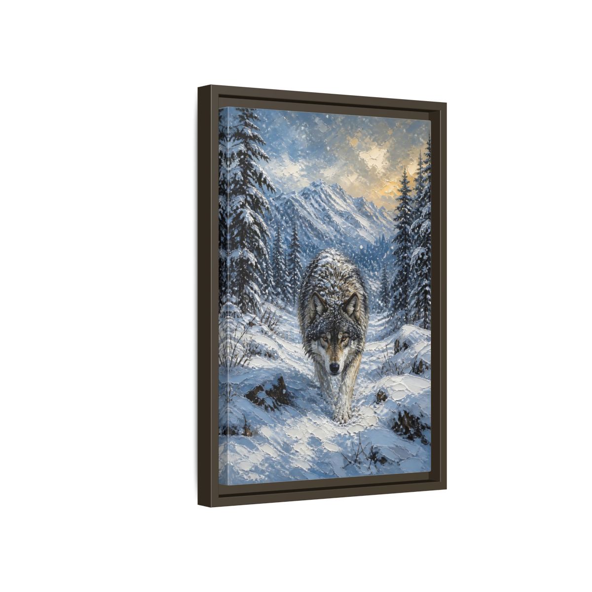 Side Mockup 5. Animals Wolf Winter Wolf shown as stretched canvas wall art