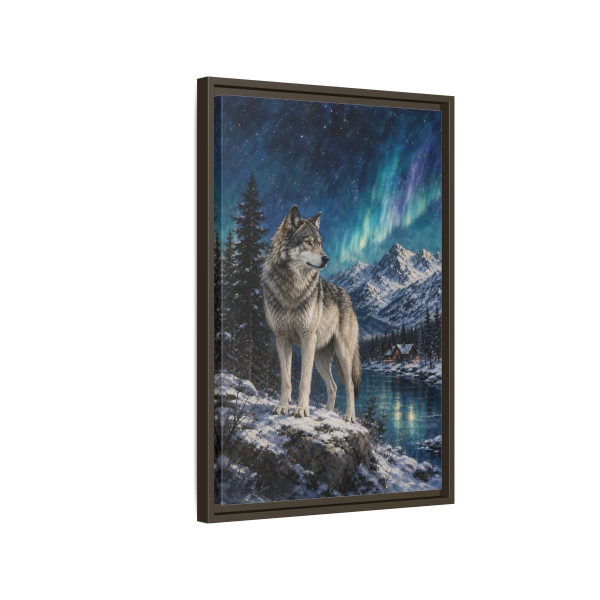 Side Mockup 2. Animals Wolf Wolf Winter Night shown as stretched canvas wall art