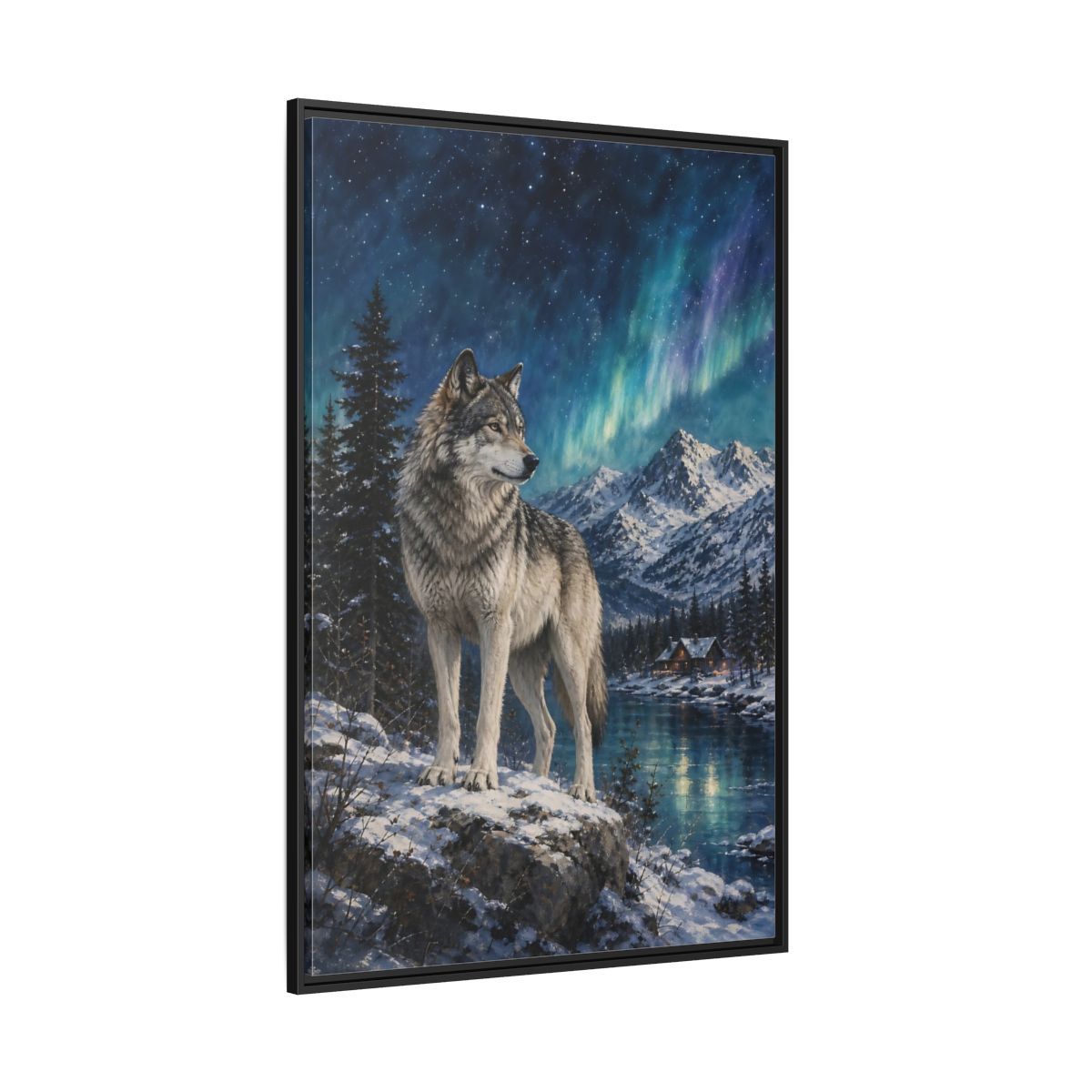 Side Mockup 12. Animals Wolf Wolf Winter Night shown as stretched canvas wall art