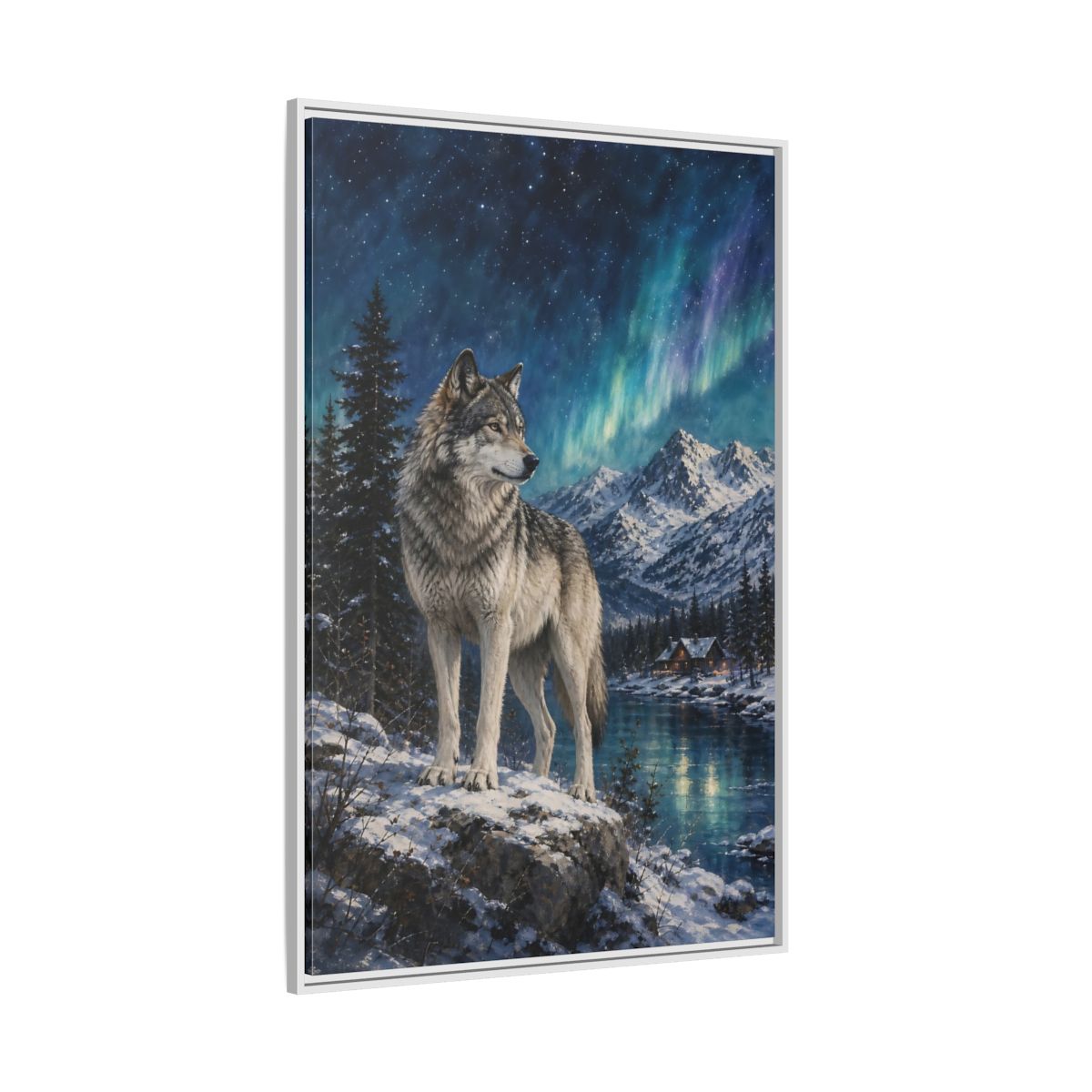 Side Mockup 7. Animals Wolf Wolf Winter Night shown as stretched canvas wall art