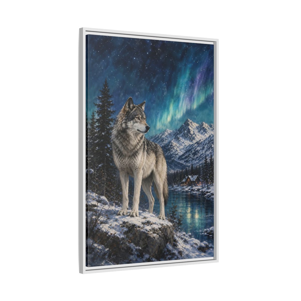 Side Mockup 9. Animals Wolf Wolf Winter Night shown as stretched canvas wall art