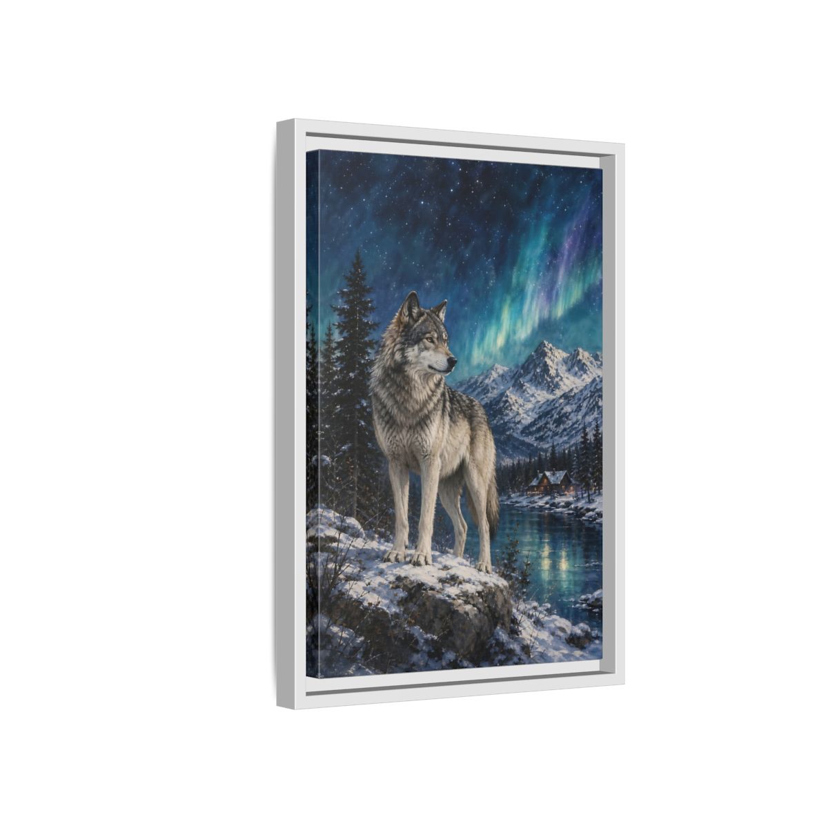 Side Mockup 4. Animals Wolf Wolf Winter Night shown as stretched canvas wall art