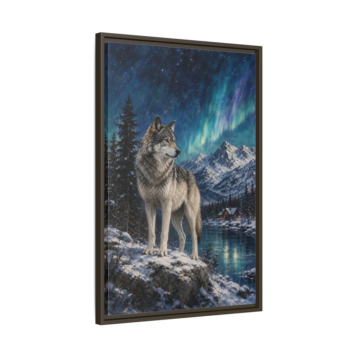 Side Mockup 11. Animals Wolf Wolf Winter Night shown as stretched canvas wall art