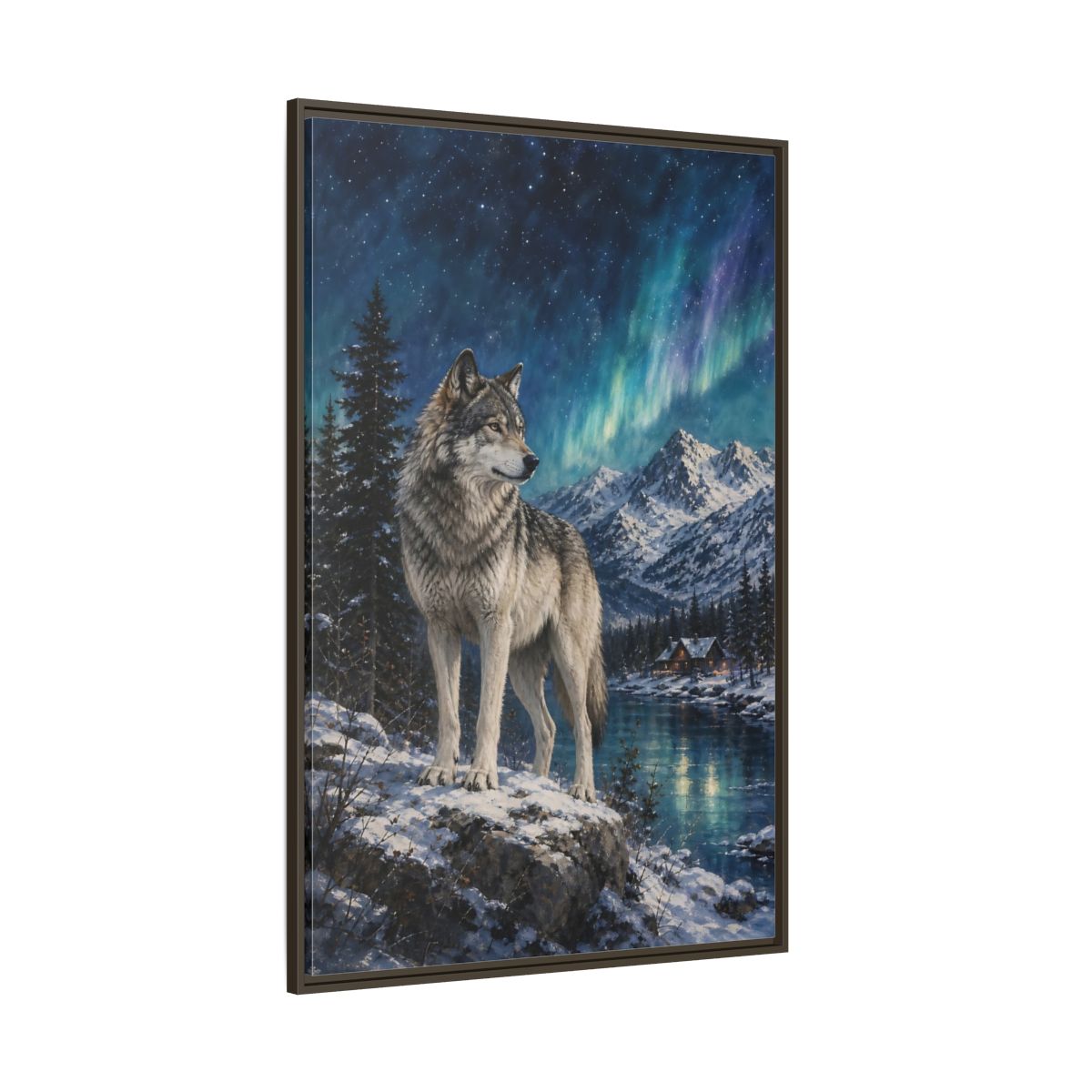 Side Mockup 8. Animals Wolf Wolf Winter Night shown as stretched canvas wall art