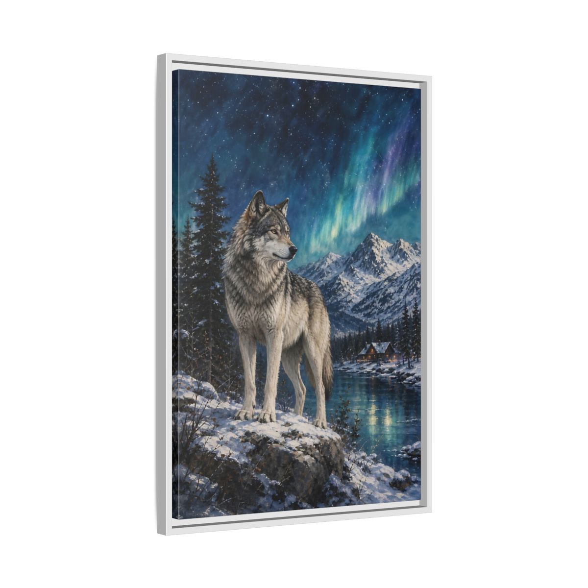 Side Mockup 10. Animals Wolf Wolf Winter Night shown as stretched canvas wall art