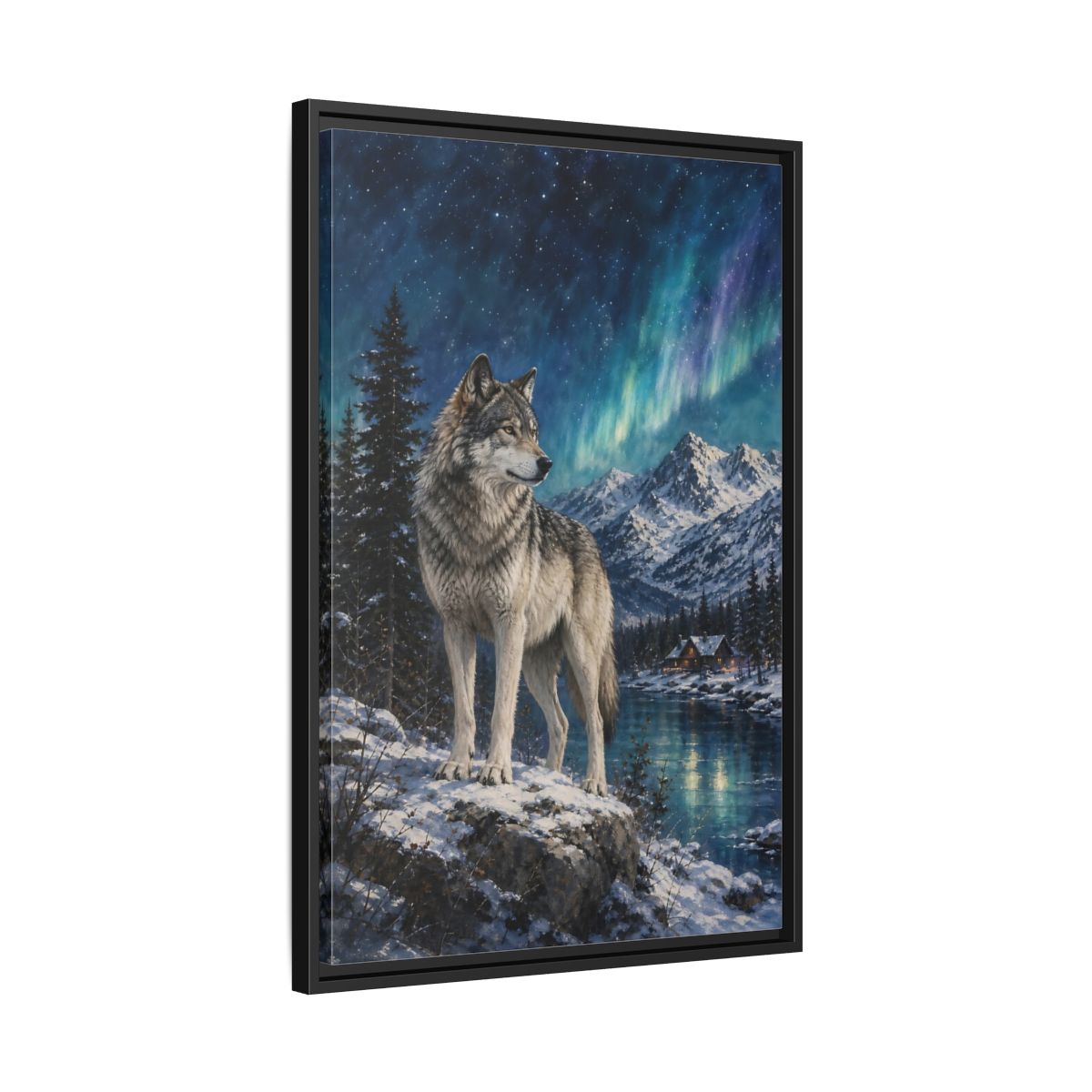 Side Mockup 14. Animals Wolf Wolf Winter Night shown as stretched canvas wall art