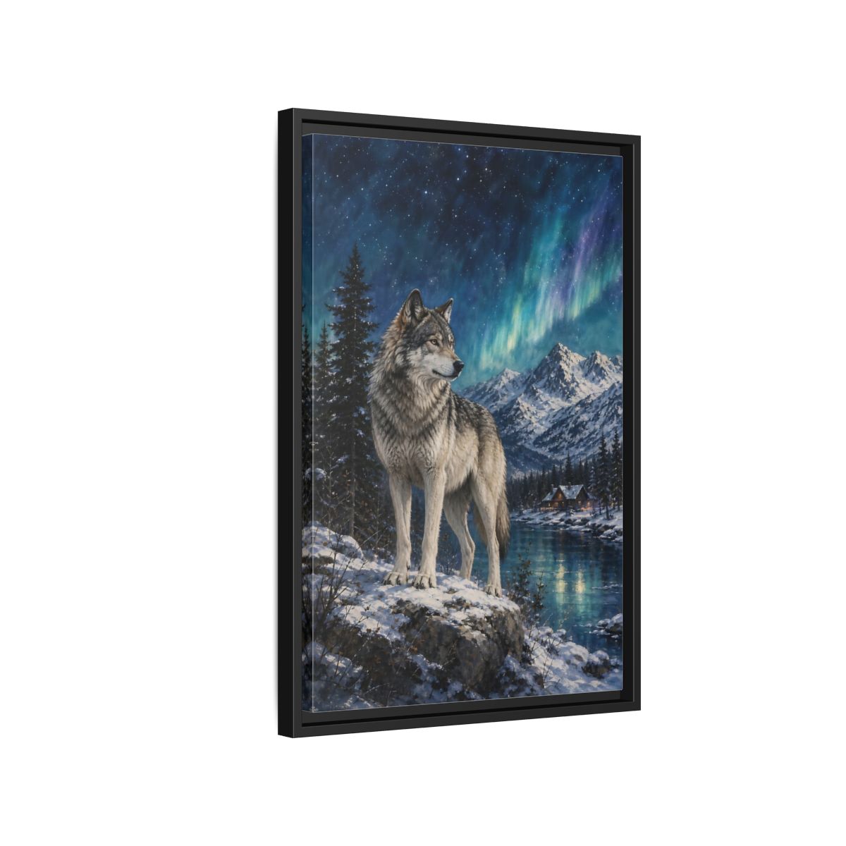 Side Mockup 3. Animals Wolf Wolf Winter Night shown as stretched canvas wall art