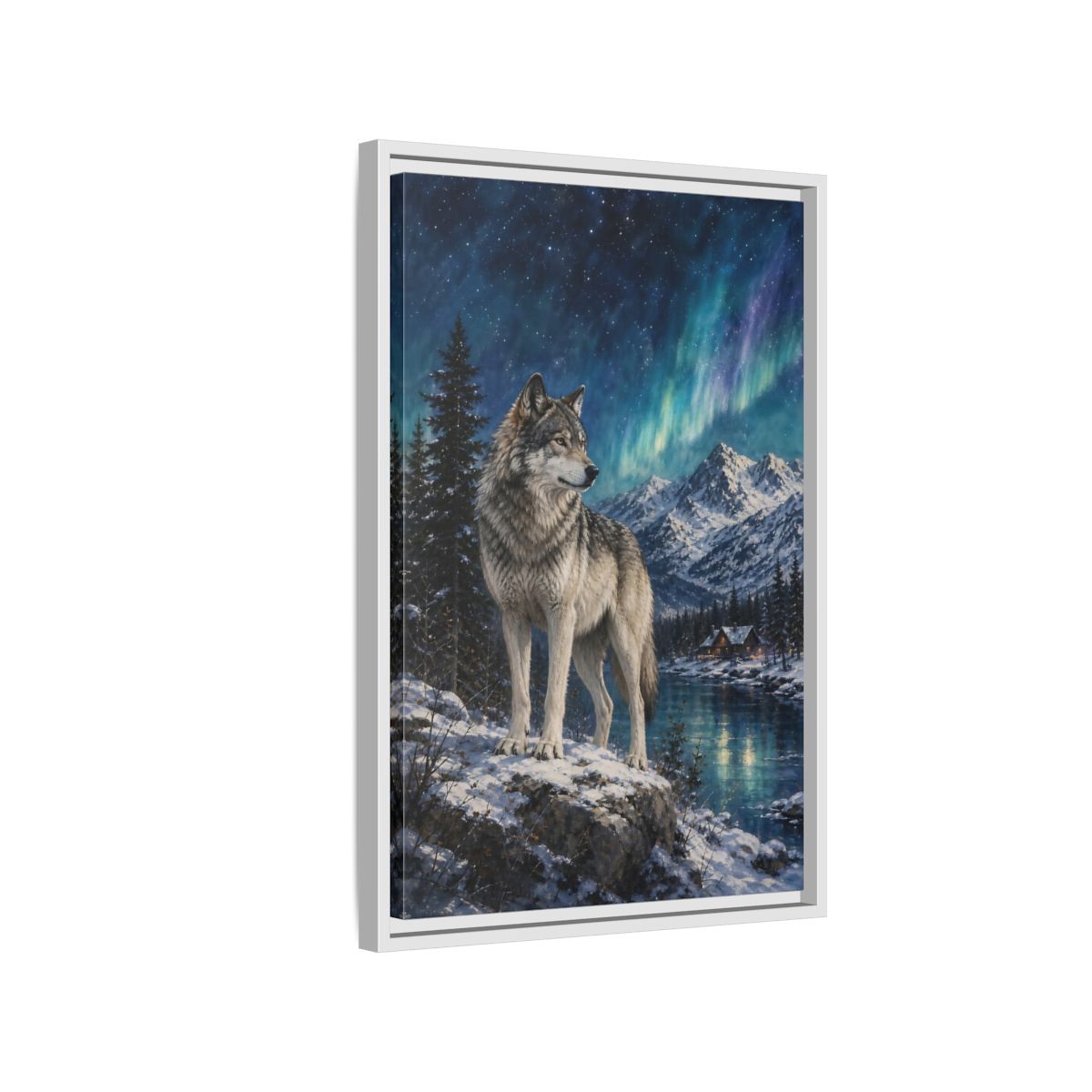 Side Mockup 1. Animals Wolf Wolf Winter Night shown as stretched canvas wall art