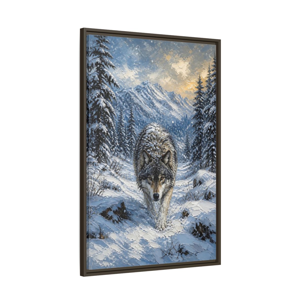 Main Mockup. Animals Wolf Winter Wolf shown as stretched canvas wall art
