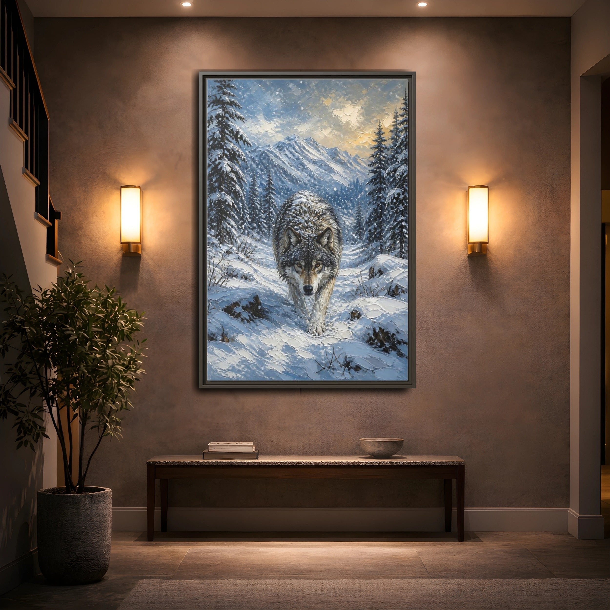 Mockup 2. Animals Wolf Winter Wolf shown as stretched canvas wall art