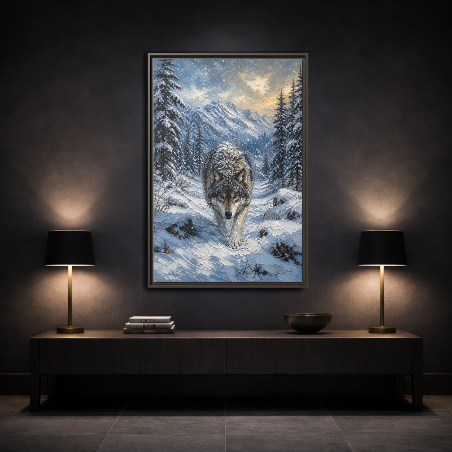 Mockup 3. Animals Wolf Winter Wolf shown as stretched canvas wall art