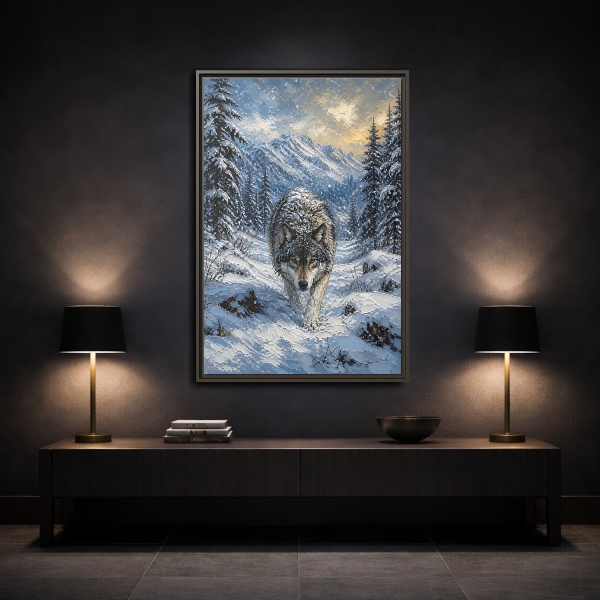 Mockup 3. Animals Wolf Winter Wolf shown as stretched canvas wall art