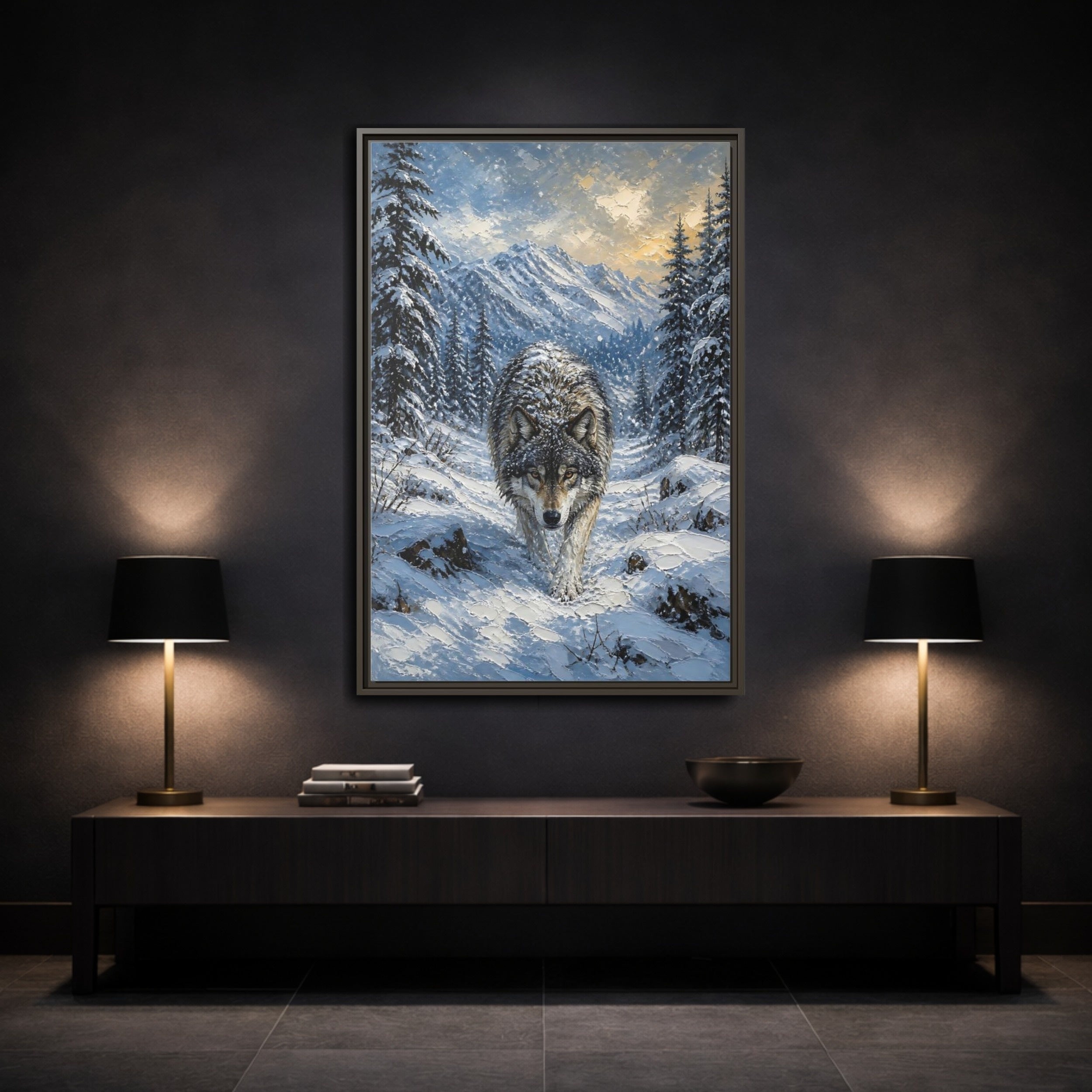 Mockup 3. Animals Wolf Winter Wolf shown as stretched canvas wall art