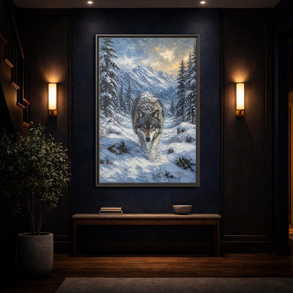Mockup 4. Animals Wolf Winter Wolf shown as stretched canvas wall art