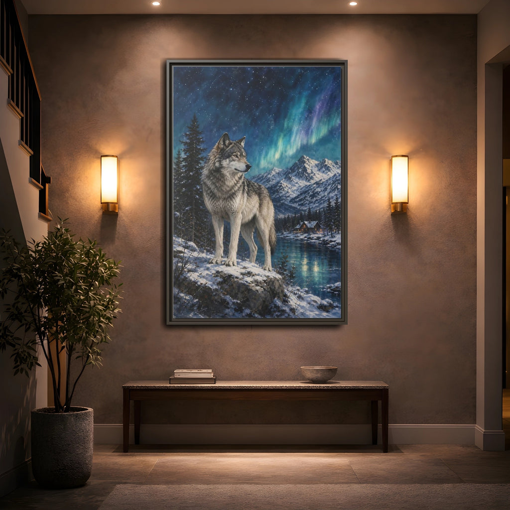 Mockup 2. Animals Wolf Wolf Winter Night shown as stretched canvas wall art