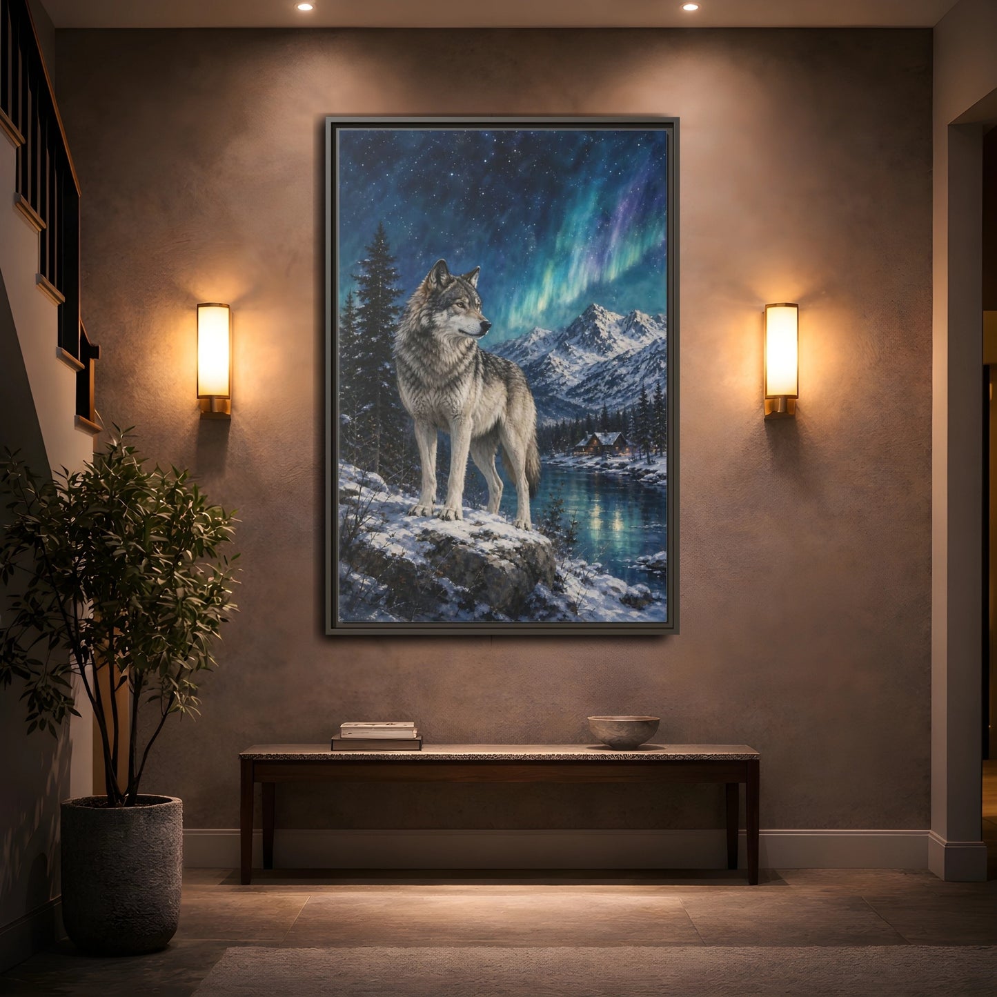 Mockup 2. Animals Wolf Wolf Winter Night shown as stretched canvas wall art