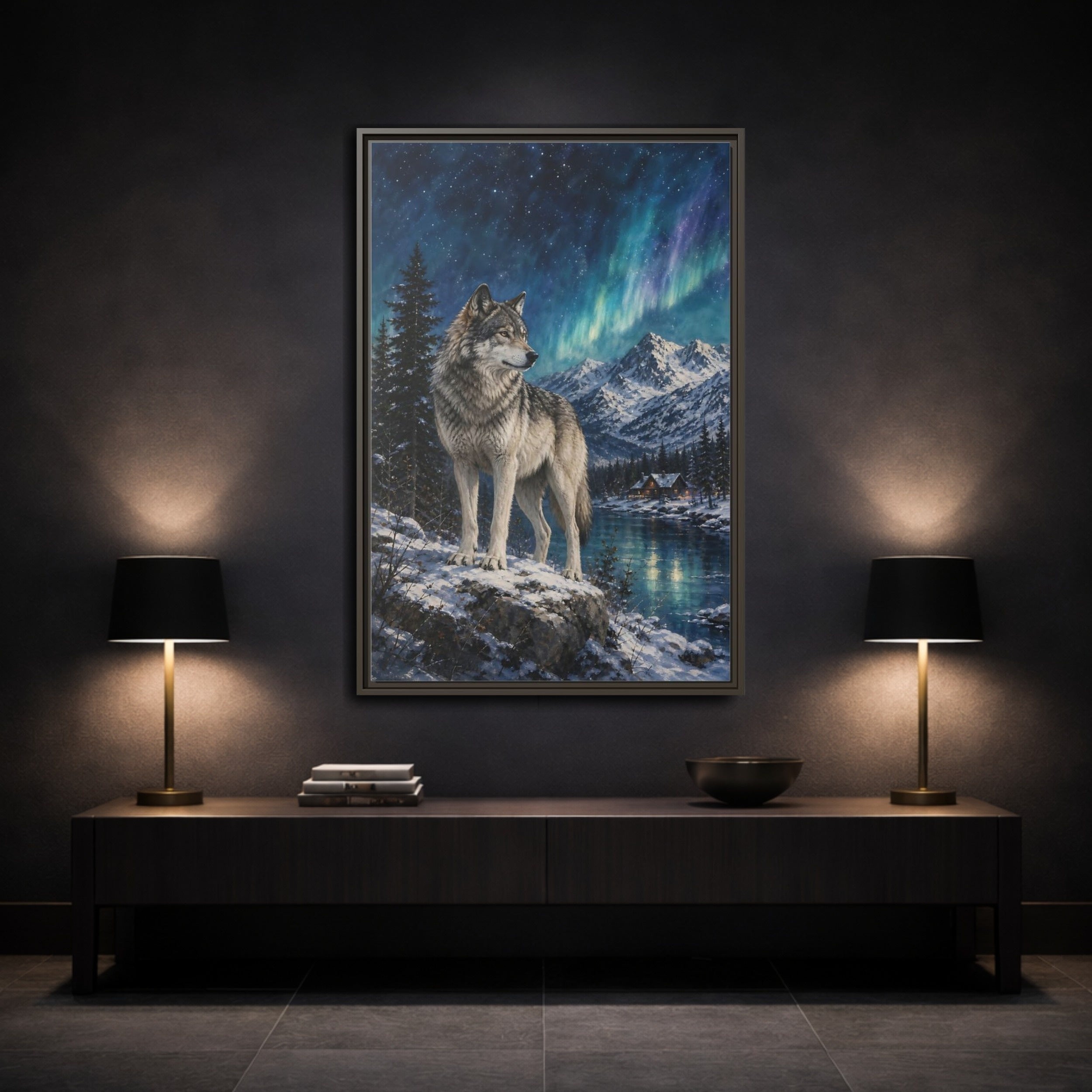 Mockup 3. Animals Wolf Wolf Winter Night shown as stretched canvas wall art