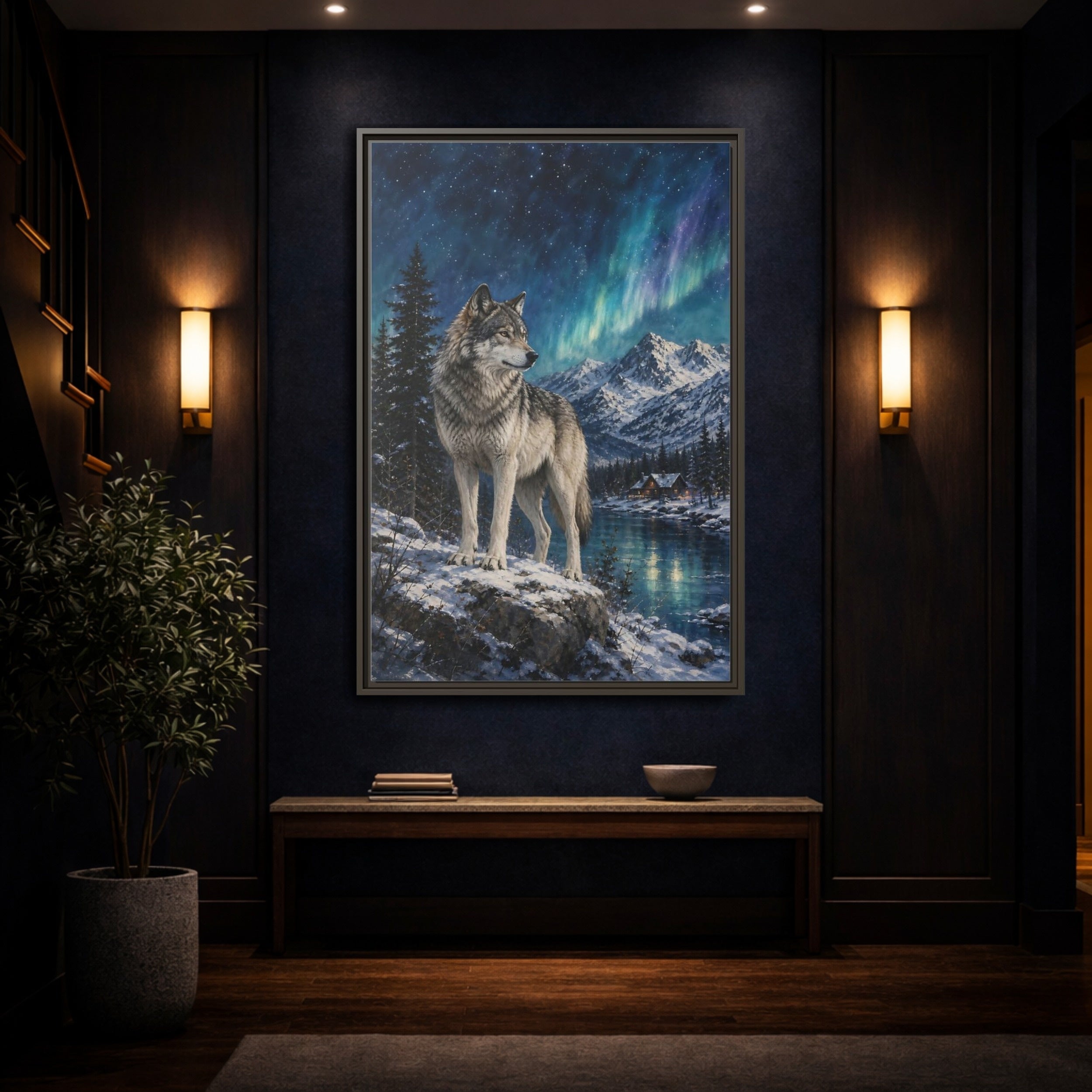 Mockup 4. Animals Wolf Wolf Winter Night shown as stretched canvas wall art