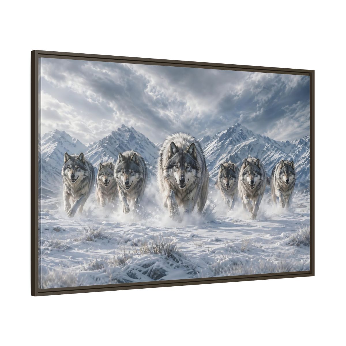 Side Mockup 8. Animals Wolves Grey Wolves shown as stretched canvas wall art