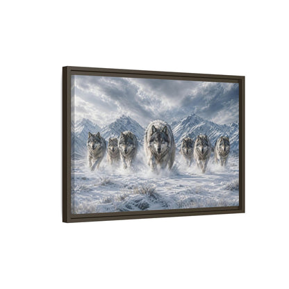 Side Mockup 2. Animals Wolves Grey Wolves shown as stretched canvas wall art