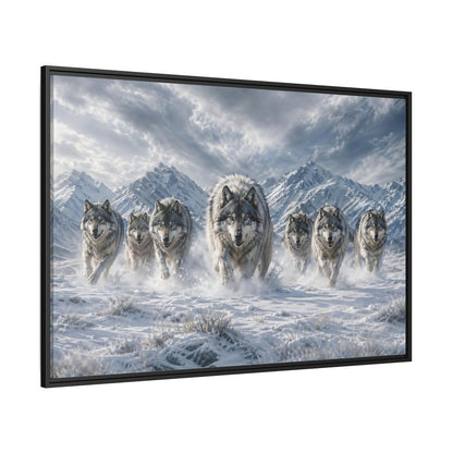 Side Mockup 12. Animals Wolves Grey Wolves shown as stretched canvas wall art