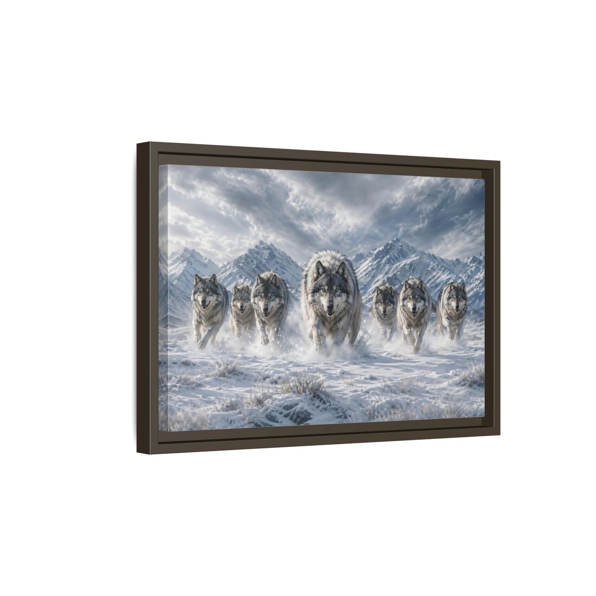 Side Mockup 5. Animals Wolves Grey Wolves shown as stretched canvas wall art